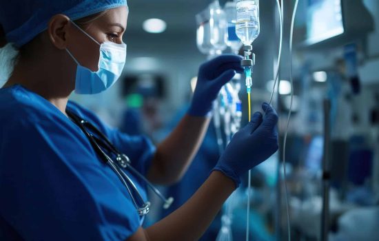 Nurse administering medication via infusion