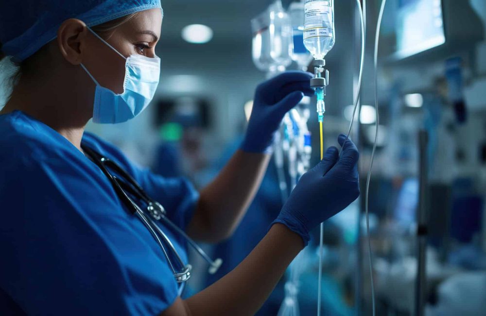 Nurse administering medication via infusion